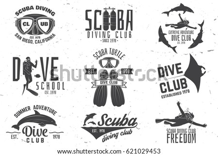 Set of Scuba diving club and diving school design. Vector illustration. Concept for shirt or logo, print, stamp or tee. Vintage typography design with diving gear silhouette.