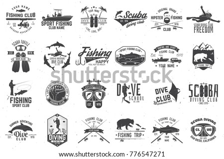 Fishing and diving club with design elements. Vector illustration. Concept for shirt or logo, print, stamp or tee. Vintage typography design with fish rod silhouette.