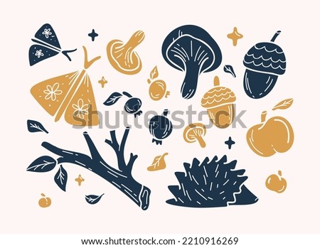 Collection Of Forest And Garden Linocut Fairy Clipart Elements. Folk Art Autumn Collection. Forest and Garden Elements. Vector Illustration. 