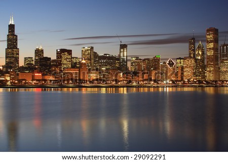 Skyline Of Downtown Chicago Across Lake Michigan At Sunset Stock Photo ...