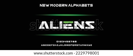 ALIENS Modern Bold Font. Regular Italic Number Typography urban style alphabet fonts for fashion, sport, technology, digital, movie, logo design, vector illustration