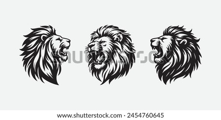 set of 3 lion head angry roaring logo vector silhouette, shows power and strenght