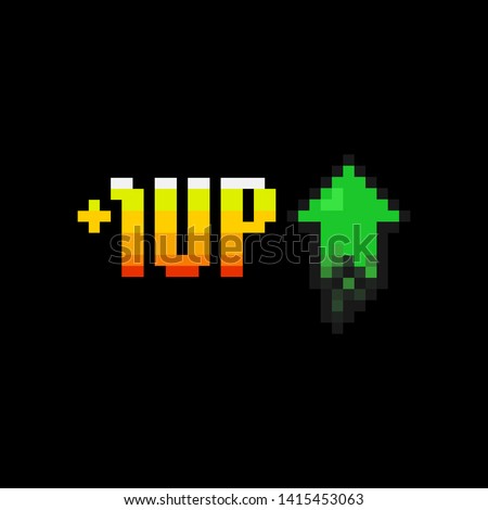 Pixel art 8-bit 1 level up and green arrow icon on black background - isolated vector illustration
