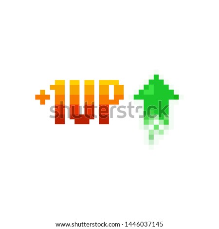 Pixel art 1 level up and green arrow icon on white background - isolated vector illustration