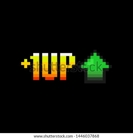 Pixel art 1 level up and green arrow icon on black background - isolated vector illustration