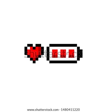 Pixel art heart and battery red icon 8-bit - isolated vector illustration