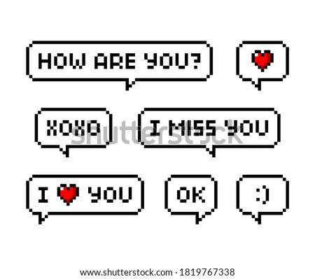 Pixel art 8-bit Love phrases set with speech bubble. I love you, miss you, xoxo, smile, kiss. Relationship - isolated vector illustration
