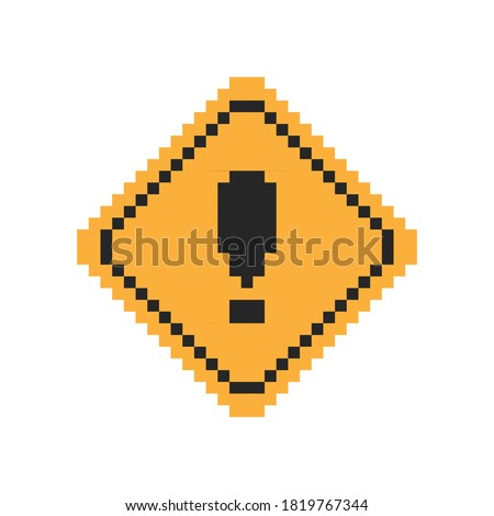 Pixel art 8-bit warning sign with exclamation symbol in yellow square frame - isolated vector illustration