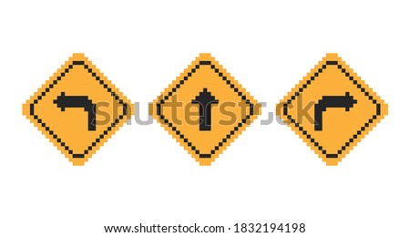 Pixel art 8-bit turn left, turn right, go straight road sign set on white background - isolated editable vector illustration
