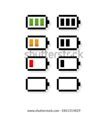 Pixel art 8-bit battery level set icons - editable isolated vector illustration