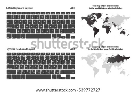 Cyrillic and Latin alphabet keyboard layout set with the countries map