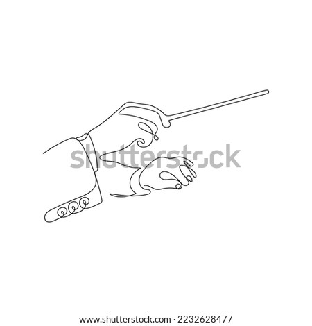 Hands with a conductors baton. Conductor directing classic instrumental symphony orchestra. Classical music leader in continuous one line drawing style. Hand drawn vector illustration.
