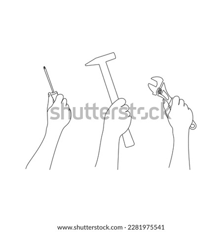 Human hands hold repair tools. Working tools - hammer, spanner, screwdriver. One line art. Hand drawn vector illustration.