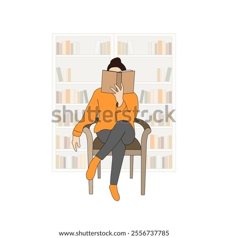 A young woman immersed in reading a book. A book-loving girl relaxes on a chair, enjoying her leisure time, with shelves filled with books in the background. Vector illustration