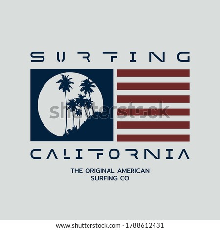 Vector illustration on the theme of surfing and surf in California. Sport typography, t-shirt graphics, print, poster, 