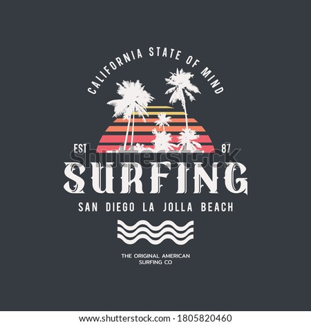 Vector illustration on the theme of surf and surfing in California, San Diego La Jolla beach. Sport typography, t-shirt graphics, print, poster, banner, flyer, postcard
