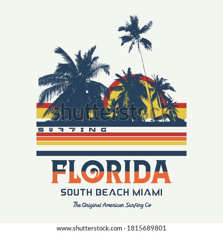 Vector illustration on the theme of surfing and surf in Florida, South Beach Miami. Vintage design. Sport typography, t-shirt graphics, print, poster, banner, flyer, postcard