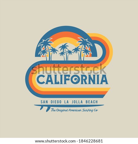 Vector illustration on the theme of surfing and surf in California. Vintage design. Sport typography, t-shirt graphics, print, poster, banner, flyer, postcard