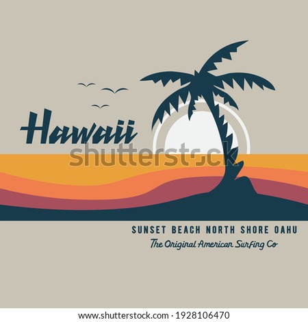 Vector illustration on the theme of surfing and surf in Hawaii. Vintage design. Sport typography, t-shirt graphics, print, poster, banner, flyer, postcard