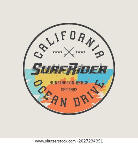 Vector illustration on the theme of surfing and surf rider in California, Huntington Beach. Stamp typography, t-shirt graphics, print, poster, banner, flyer, postcard