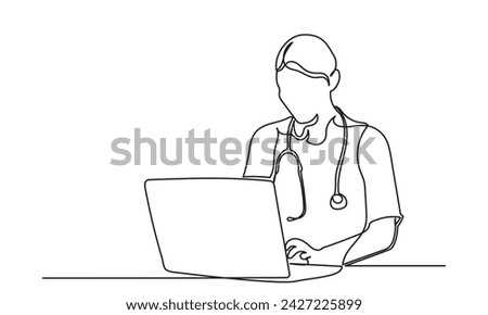 Continuous line drawing of female doctor checking patient medical record on a laptop.single-line women doctor with stethoscope in front of laptop.Medical healthcare concept vector illustration.
