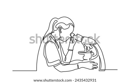 Continuous line drawing of female scientists with a microscope working in the laboratory. Medical Lab research concept line art. Scientist Using Microscope for Analysis Vector Illustration.
