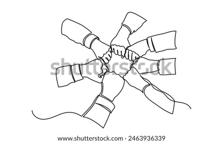 Continuous line drawing of business people Top view of people
unites their hands together. business people teamwork hand together Business cooperation and Joining People Community concept.
