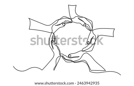 Continuous line drawing of business people puts palms together making a circle shape. Business people teamwork hand together Business cooperation and Joining People Community concept.