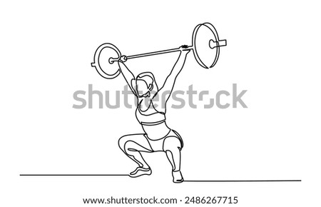 Woman Fitness workout exercise Continuous line drawing of a girl lifting a heavy-weight barbell.Female bodybuilder doing exercise in the gym center.Healthy lifestyle concept.
