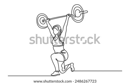 Woman Fitness workout exercise Continuous line drawing of a girl lifting a heavy-weight barbell.Female bodybuilder doing exercise in the gym center.Healthy lifestyle concept.
