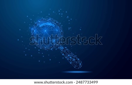 Magnifying glass Futuristic search icon Low poly wireframe design. Analysis, search tool design vector illustration.Abstract geometric blue background.