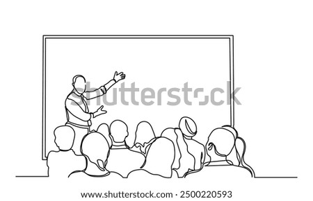 One continuous line drawing of the Audience in the conference hall. The public speaker talks and gives instructions in the conference hall. The public speaker in lectures, in front of the audience.