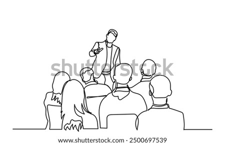 One continuous line drawing of the Audience in the conference hall. The public speaker talks and gives instructions in the conference hall. The public speaker in lectures, in front of the audience.