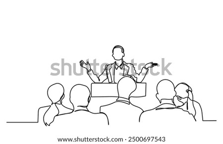 One continuous line drawing of the Audience in the conference hall. The public speaker talks and gives instructions in the conference hall. The public speaker in lectures, in front of the audience.