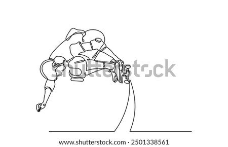 One Continuous line drawing of a skateboarder young teenage man. A Single-line skateboarder jumping boy playing with a skateboard isolated on a white background.