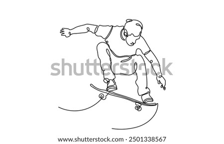 One Continuous line drawing of a skateboarder young teenage man. A Single-line skateboarder jumping boy playing with a skateboard isolated on a white background.