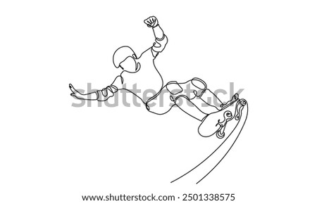 One Continuous line drawing of a skateboarder young teenage man. A Single-line skateboarder jumping boy playing with a skateboard isolated on a white background.