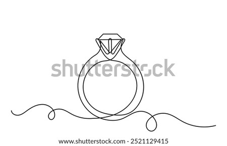 Diamond engagement ring .continuous line drawing of diamond wedding ring on a white background.single-line proposal engagement and love marriage invitation concept.Wedding gold Ring illustration.