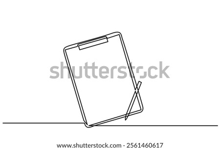 Continuous line drawing of Clipboard with blank document and pen.To do list with ticks and concepts for test expertise and exam in simple linear style.line art Clipboard vector illustration.