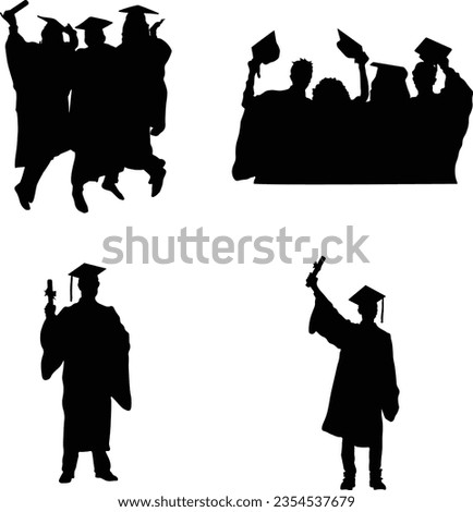 Collection of Student Silhouette Symbol Celebrating Graduation. In Different Poses. Isolated Black Vector