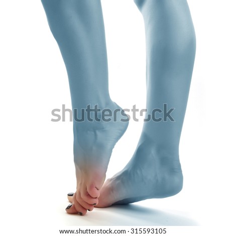 female\'s foot pain concept, Concept photo with Color Enhanced blue skin with read spot indicating location of the pain, isolation on a white background.