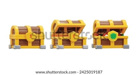 Golden wood treasure chest 3d rendering icon set for website or game