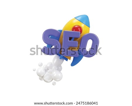 3D SEO optimization icon with rocket for marketing social media concept of web analytics strategy and research planning icon