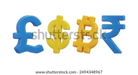 rupee, dollar, bitcoin and pound symbol 3d render concept on a currency icon set vector illustration