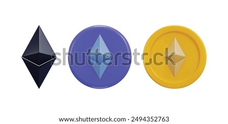 Ethereum symbol and coin icon set 3d rendering vector illustration