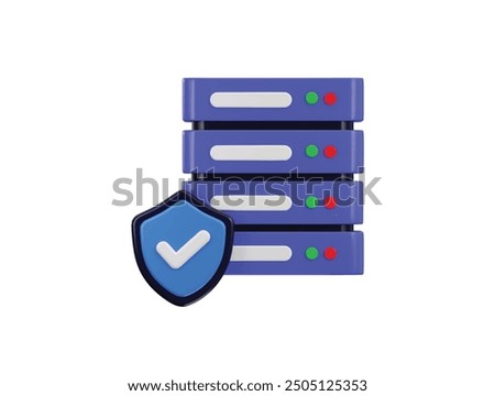 Data center with protect shield icon, server 3D icon. Server, Data, Web Hosting, cloud storage security icon 3d render