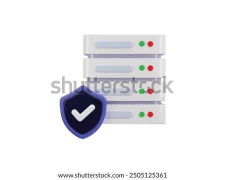 Data center with protect shield icon, server 3D icon. Server, Data, Web Hosting, cloud storage security icon 3d render