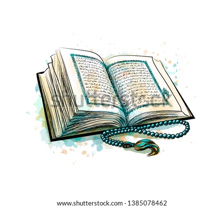 Holy book of Koran with rosary from splash of watercolors. Muslim holiday, Eid Mubarak, Eid al-fitr, Ramadan Kareem. Hand drawn sketch. Vector illustration of paints