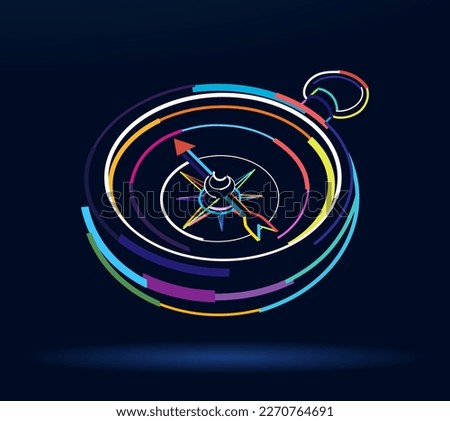 Abstract old vintage compass in retro style from multicolored paints. Colored drawing. Vector illustration of paints