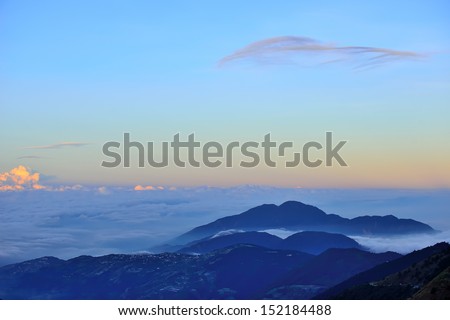 mountains with trees and fog in monochrome color shot in taiwan asian